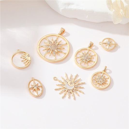 2 pendentif à breloque soleil, lune et étoile, coquille en strass 14K GF ornée