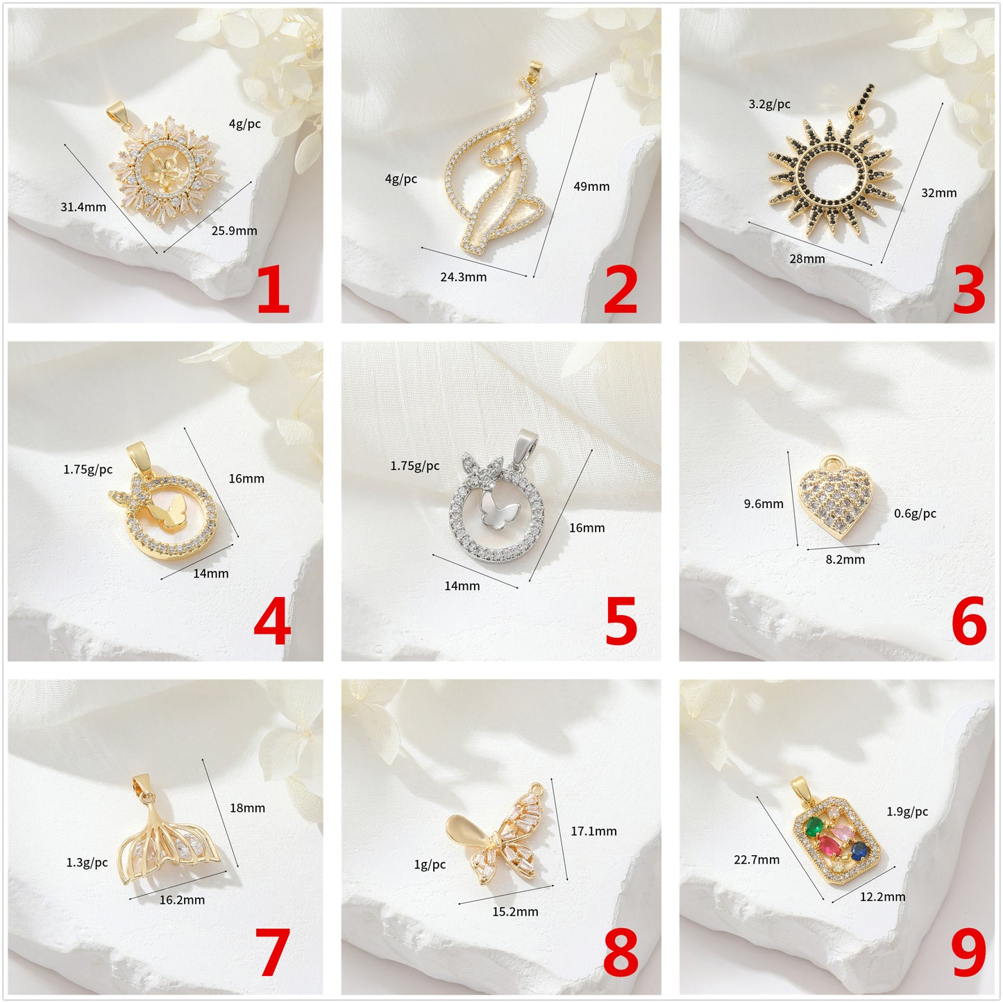 2 Blumen Katze Sonne Schmetterling Herz Meerjungfrau Rechteck Charm Anhänger Strass verziert 14K GF