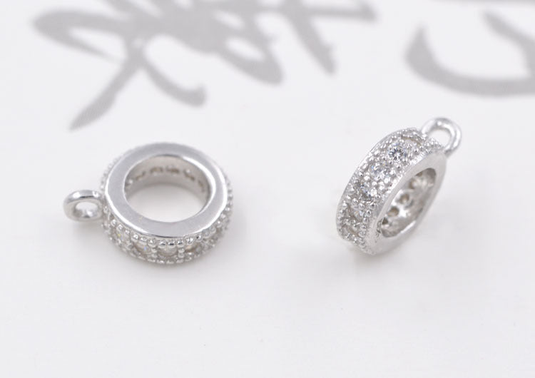 Sterling Silver Rhinestone Embellished Tiny Round Circle Charm Pendant S925 Finding