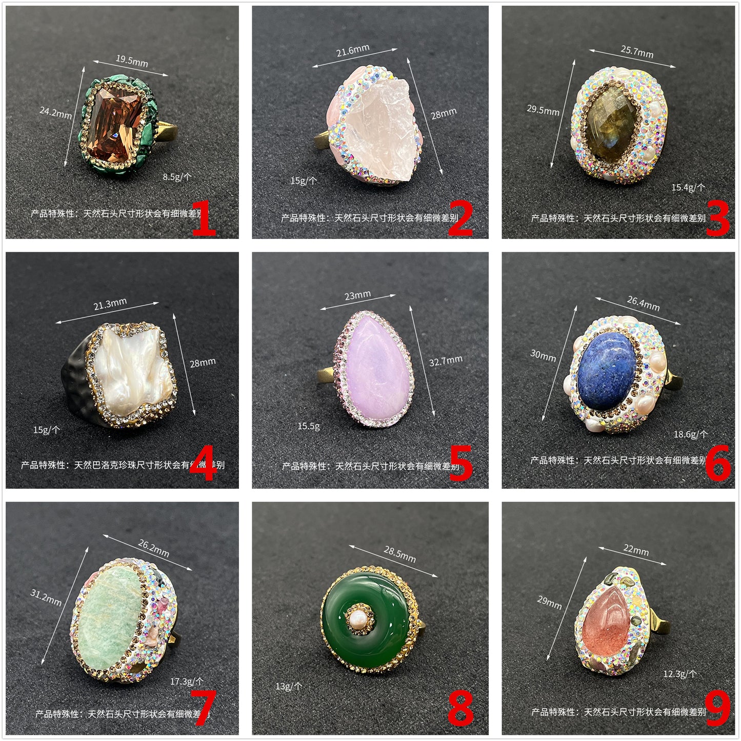 Bague en pierre précieuse naturelle à cercle ouvert ornée de strass 14K GF