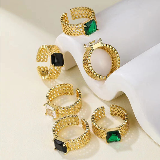 2 Statement-Ring mit offenem Kreis, hohl, breit, mit Strasssteinen verziert, 14K GF