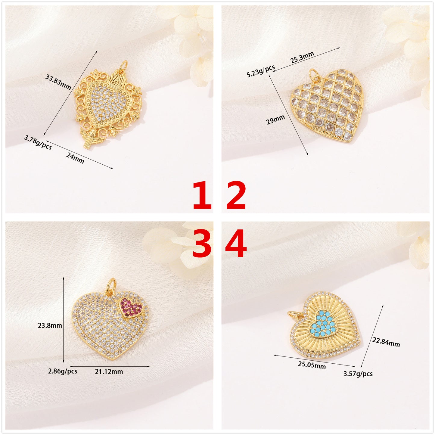 Pendentif à breloque 2 cœurs en émail époxy 14K GF strass embelli