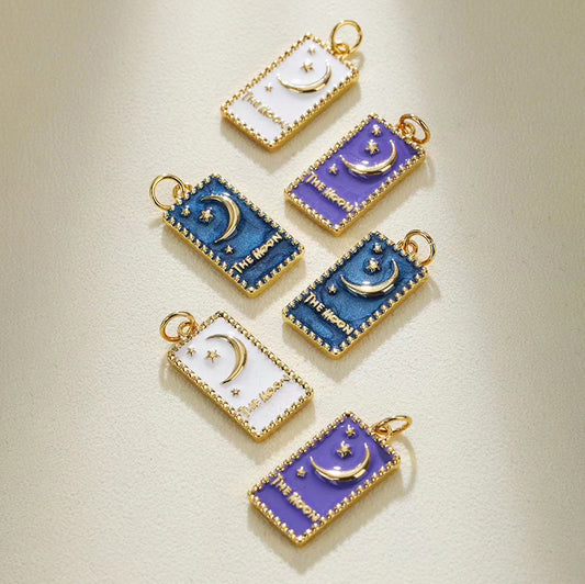 Pendentif à breloque rectangle 2 étoiles de lune émail époxy 14K GF