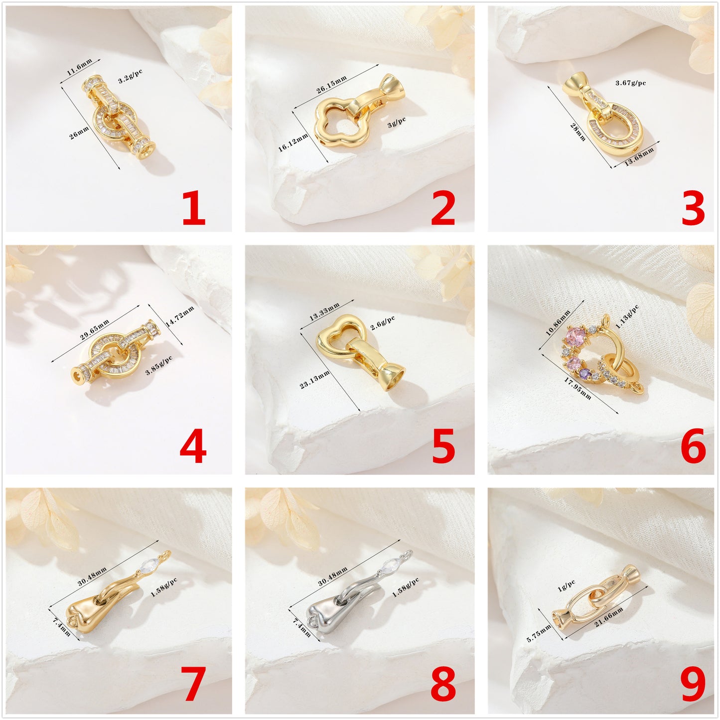 2 Round Oval Floral Heart Circle Clasp 14K GF Rhinestone Embellished Clasps Connector