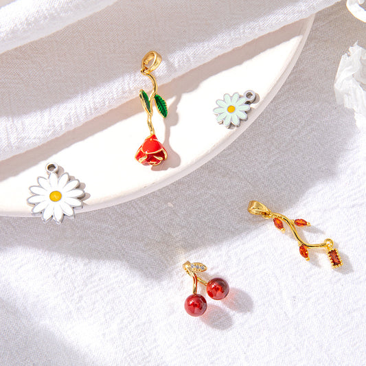 2 Cherry Rose Daisy Floral Vine Charm Pendentif Émail Epoxy 14K GF