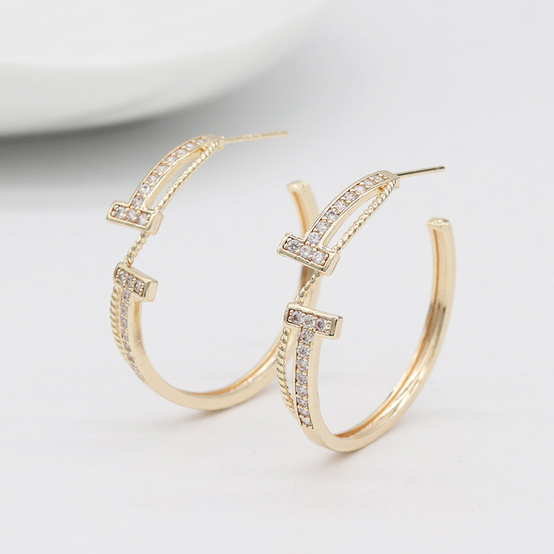 4 boucles d'oreilles demi-cercle double T ornées de strass 14K GF Earing