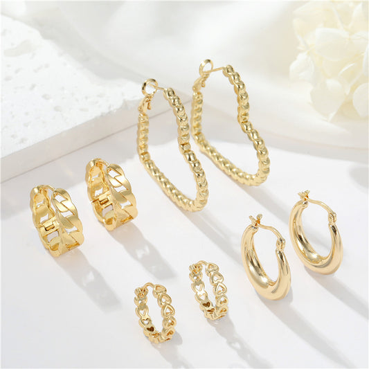 4 boucles d'oreilles créoles en forme de cœur avec chaîne à câble creux, 14 carats, GF
