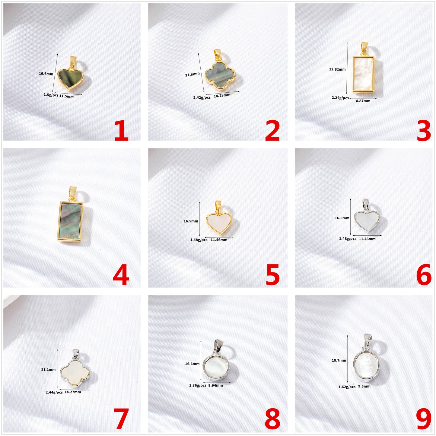 2 coeur croix rectangle rond ovale pendentif à breloque coquille embellie 14K GF