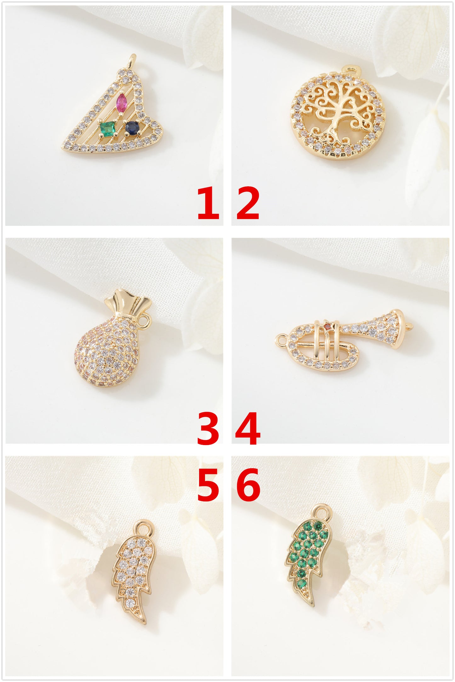2 Harpe Arbre Moneybag Trompette Aile d’Ange Charme Pendentif Émail Époxy 14K GF Strass Embelli