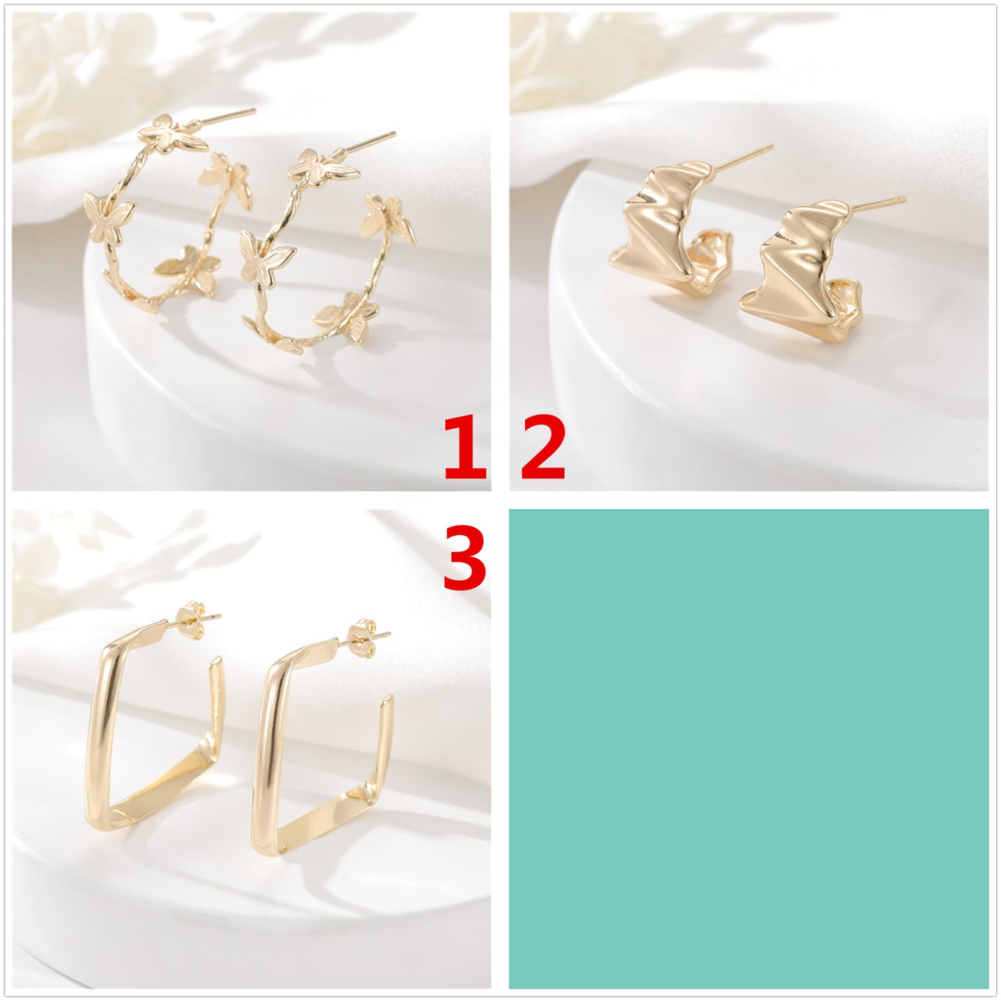 4 boucles d'oreilles rectangulaires papillon demi-cercle 14K GF Earing
