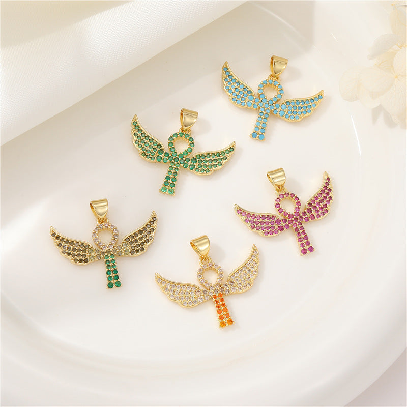 Angel Cross Charm Pendant Rhinestone Embellished 14K GF