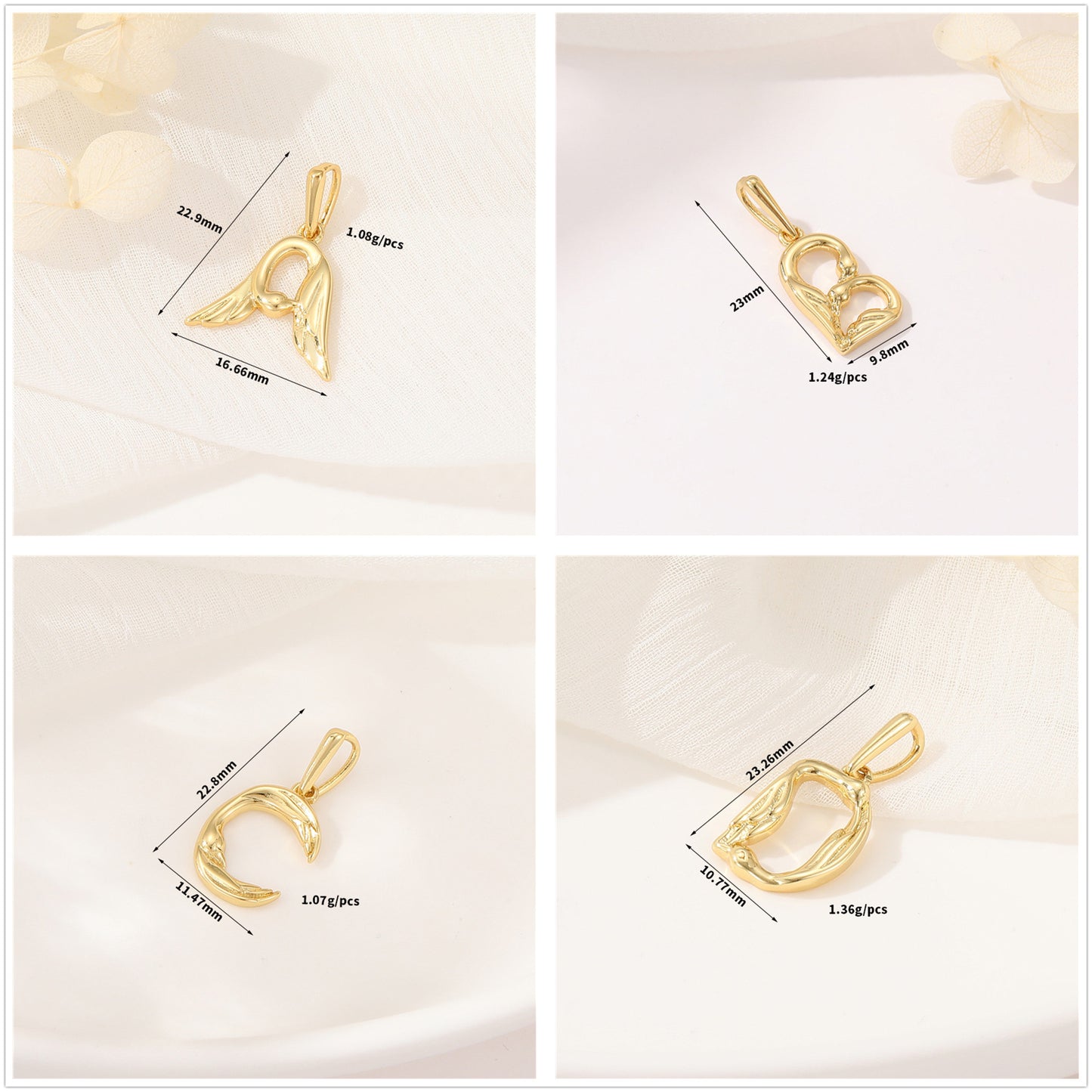 Pendentif à breloque AZ avec 2 ailes de cygne et initiales de l'alphabet 14K GF