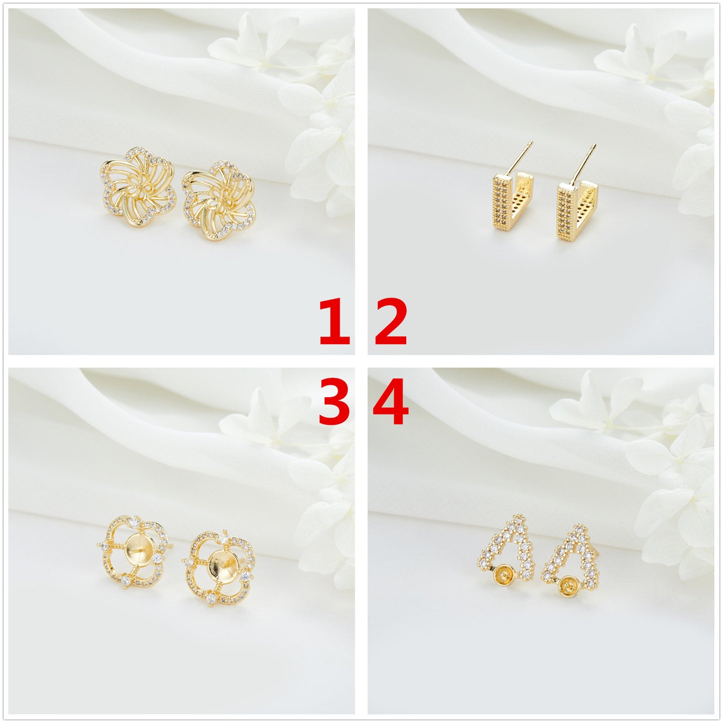 4 boucles d'oreilles à tige triangulaires florales ornées de strass 14K GF, boucles d'oreilles à moitié percées, perle vierge