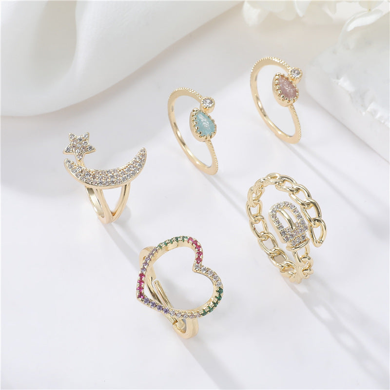 2 anneaux de déclaration ornés de strass, chaîne à cercle ouvert, étoile, lune, cœur, 14K GF