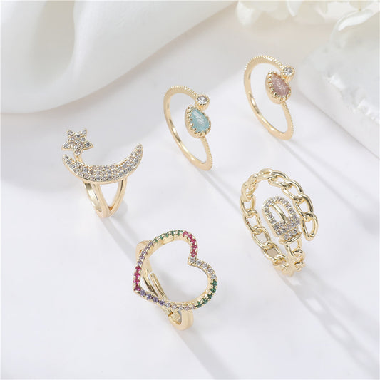 2 anneaux de déclaration ornés de strass, chaîne à cercle ouvert, étoile, lune, cœur, 14K GF