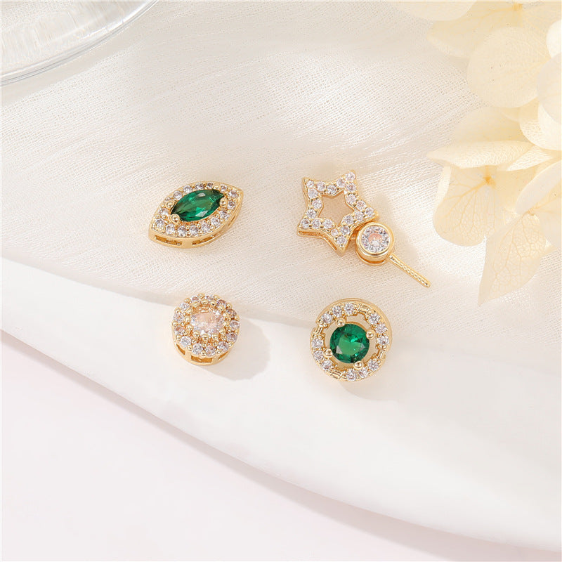 2 Flat Olive Star Round Bead Charm Rhinestone Embellished 14K GF Beadwork Spacer