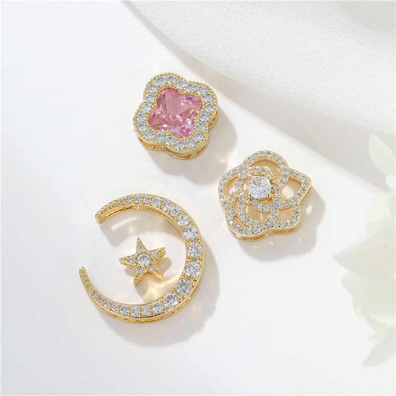 Pendentif à breloque florale 2 lunes orné de strass 14K GF