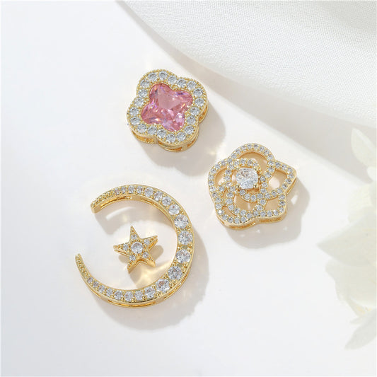 Pendentif à breloque florale 2 lunes orné de strass 14K GF