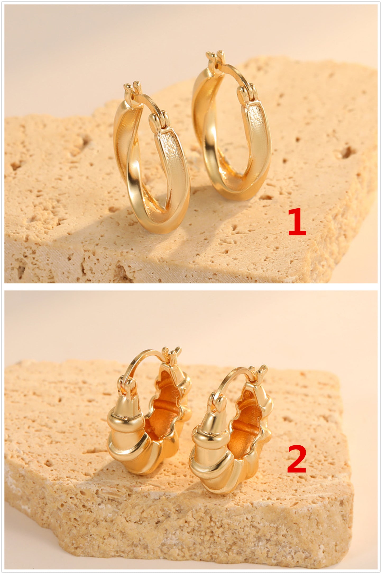 4 boucles d'oreilles créoles rondes torsadées épaisses 14K GF
