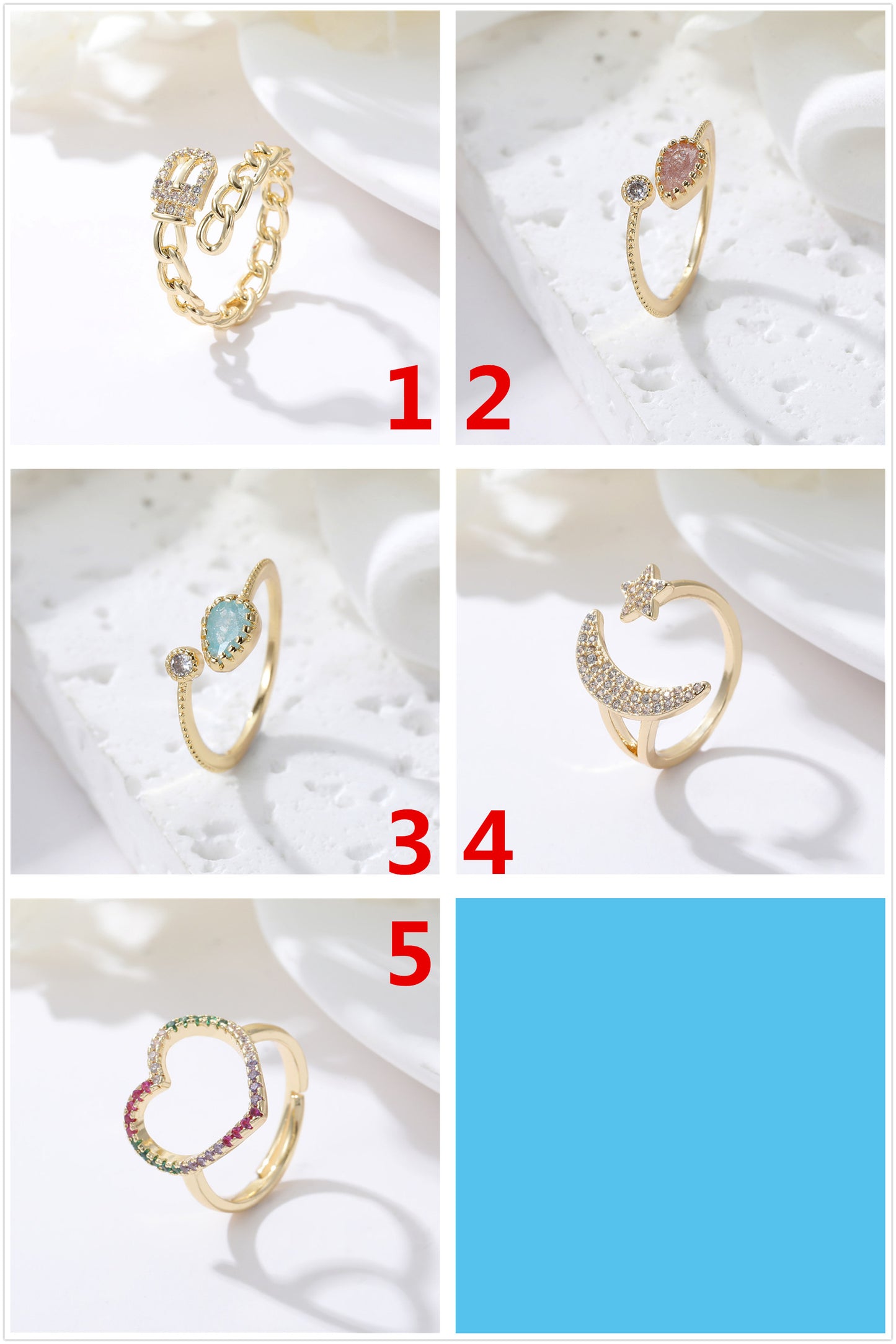 2 anneaux de déclaration ornés de strass, chaîne à cercle ouvert, étoile, lune, cœur, 14K GF