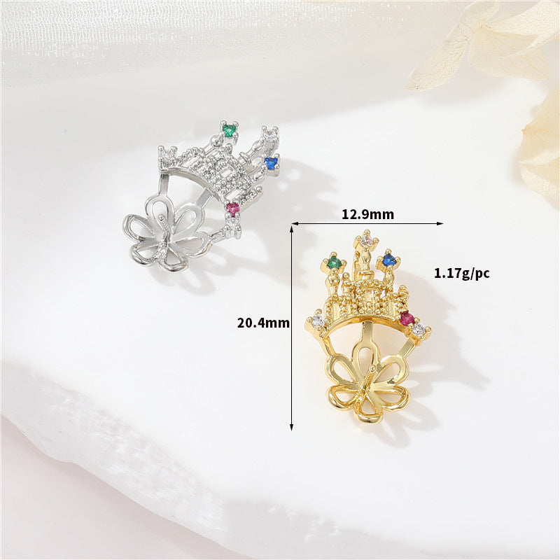 2 Château Couronne Feuille Carré Bateau Charme Pendentif Strass Embelli 14K GF Demi-Percé Perle Perle Vierge