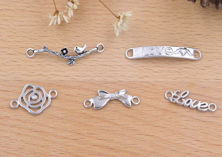 Sterling Silver Double Looped Branch Bowknot Love Rose Charm Connector S925 Finding