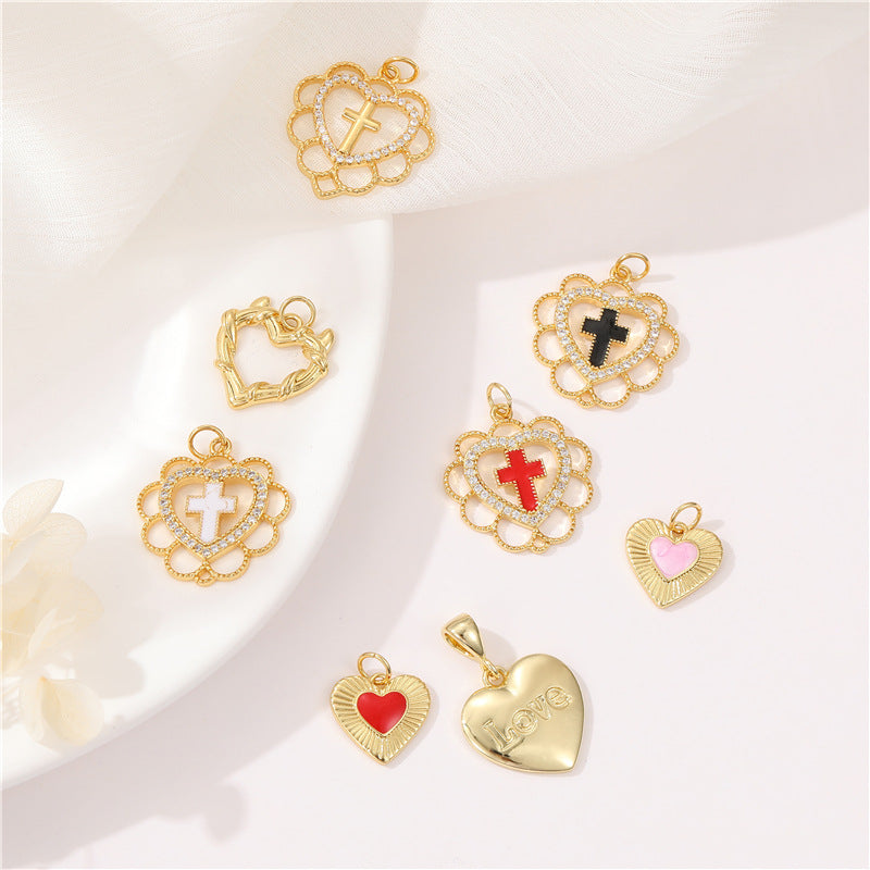 2 Heart Charm Pendant Rhinestone Embellished 14K GF