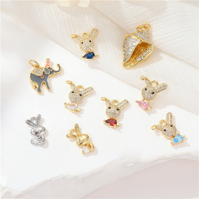 2 pendentif à breloque éléphant lapin conque strass embelli 14K GF