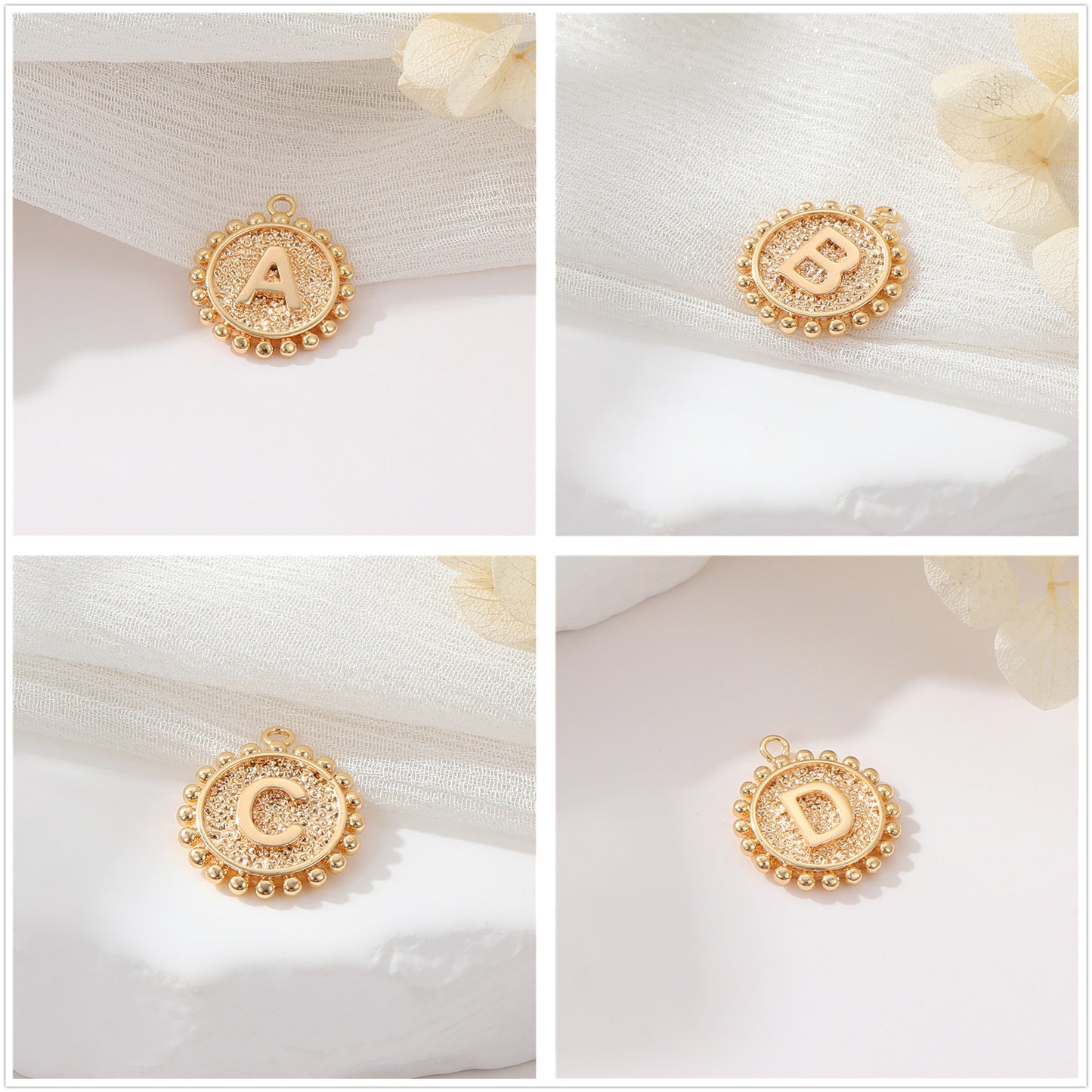 2 perles rondes à bord de pièce de monnaie initiale Alphabet AZ Charm Pendentif 14K GF