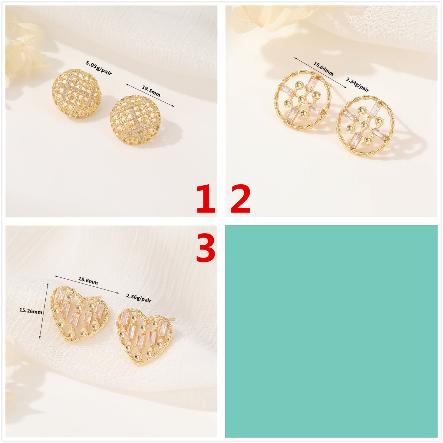 4 boucles d'oreilles à tige en forme de cœur rond creux, ornées de strass, 14K GF, boucles d'oreilles à moitié percées, perle vierge