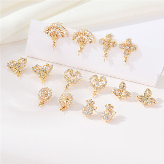 4 éventails papillon Floral Moneybag feuille boucles d'oreilles strass perle embellie 14K GF boucle d'oreille demi-percée perle perle vierge