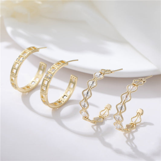4 boucles d'oreilles en forme de chaîne de câble en demi-cercle, boucles d'oreilles ornées de strass 14K GF