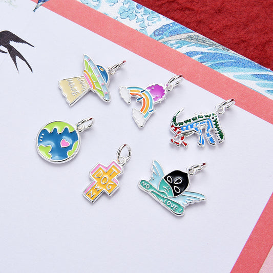 Sterling Silver Dinosaur UFO NoLove Earth Cross Rainbow Charm Pendant S925 Finding