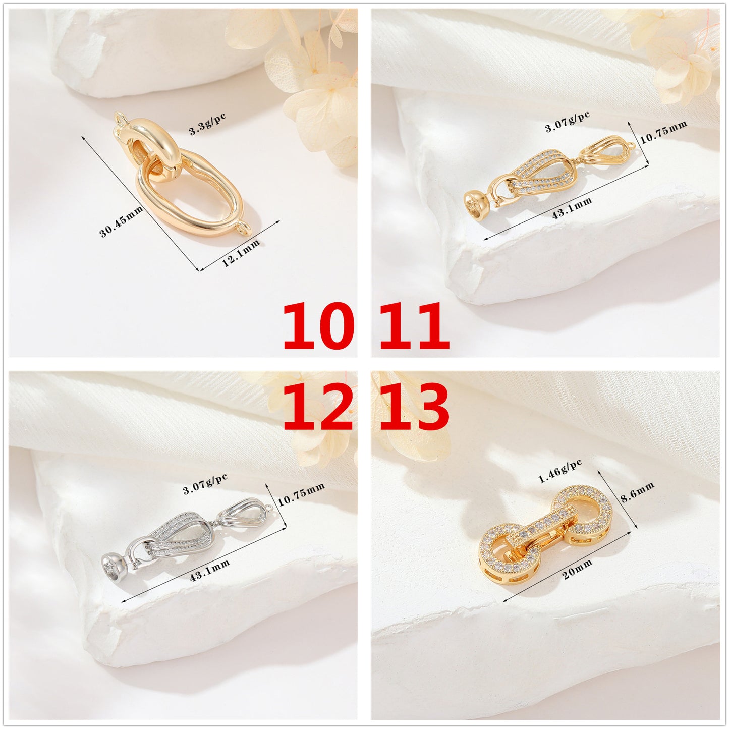 2 Round Oval Floral Heart Circle Clasp 14K GF Rhinestone Embellished Clasps Connector