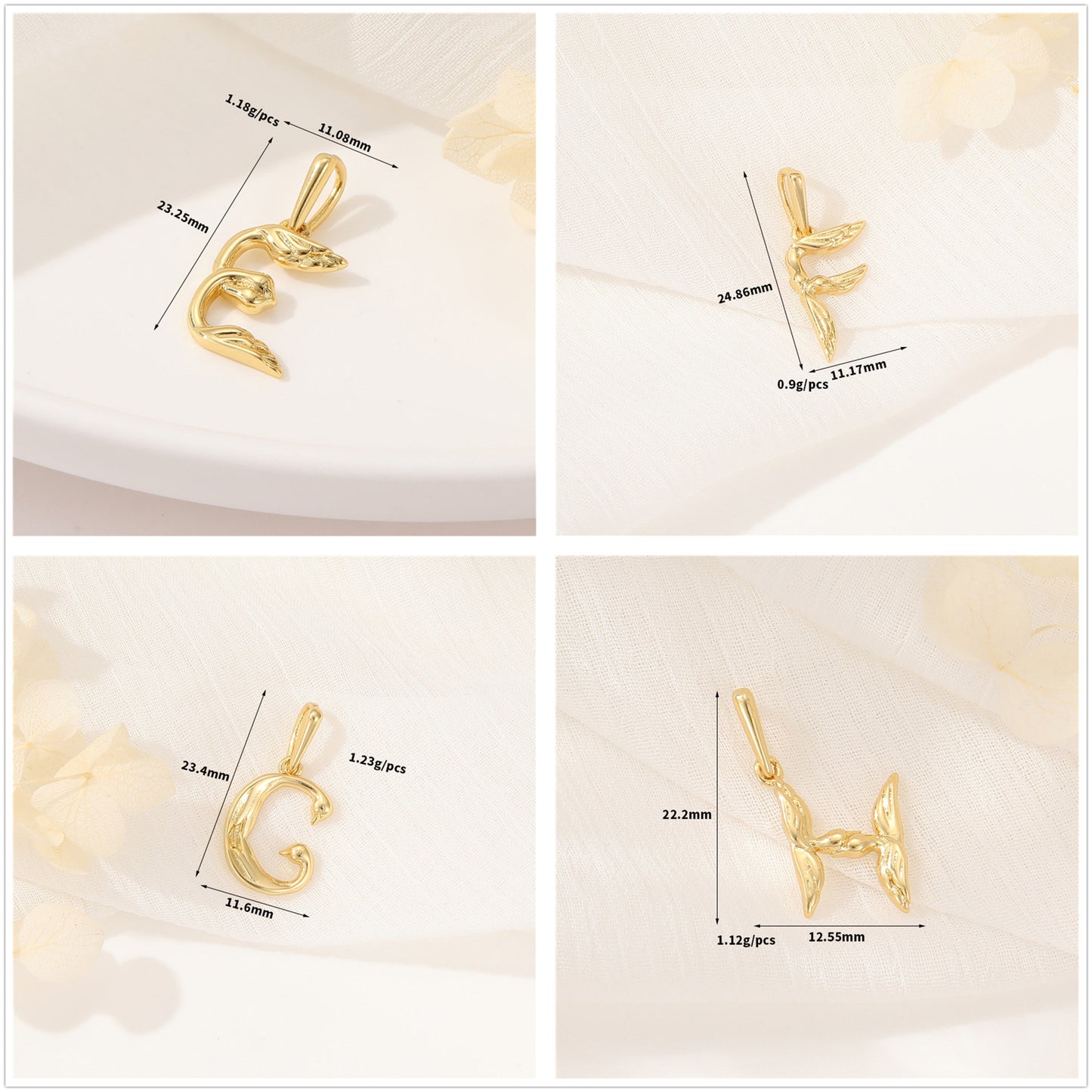 Pendentif à breloque AZ avec 2 ailes de cygne et initiales de l'alphabet 14K GF