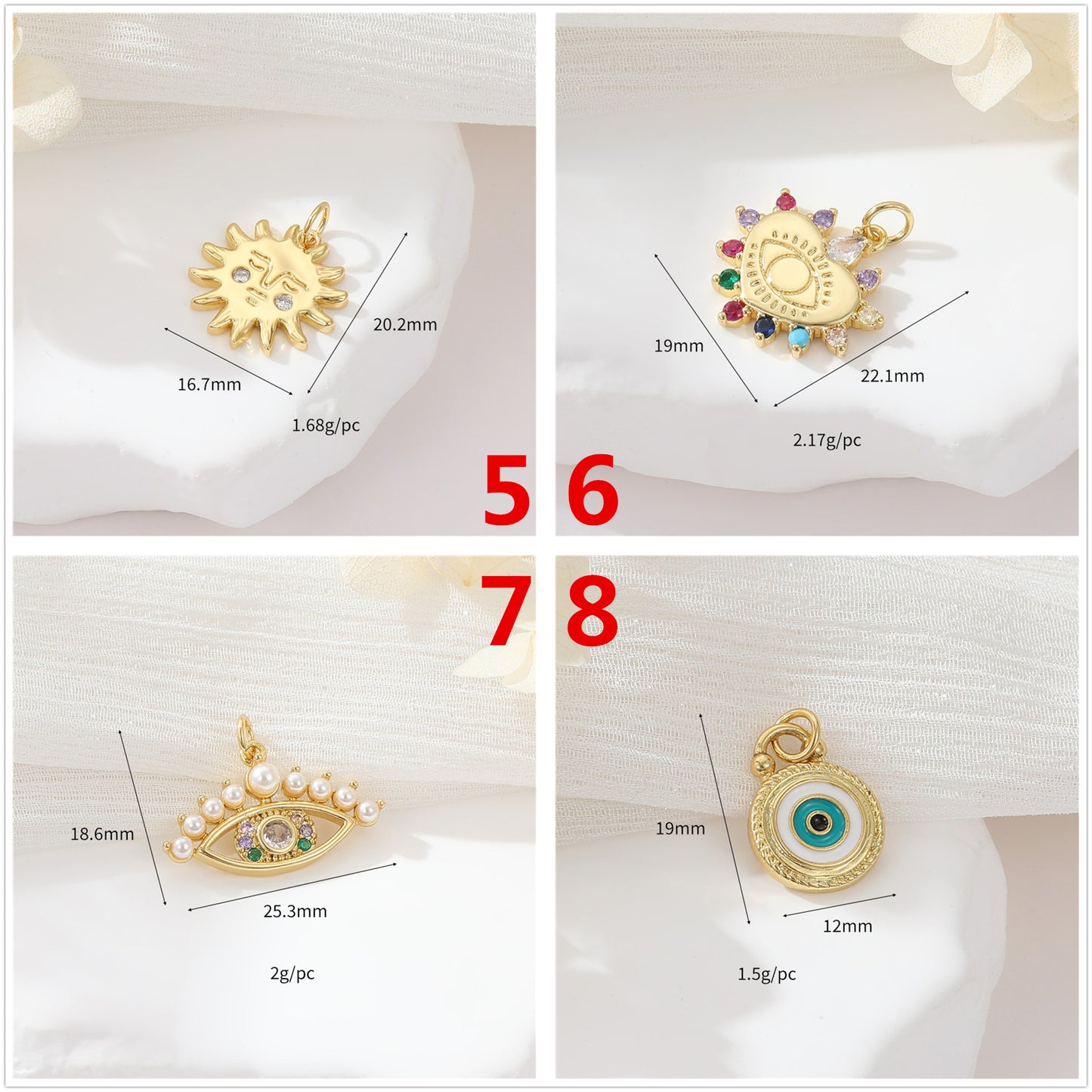 2 Evil Eye Moon Sun Charm Pendentif Émail Epoxy 14K GF Strass Embelli