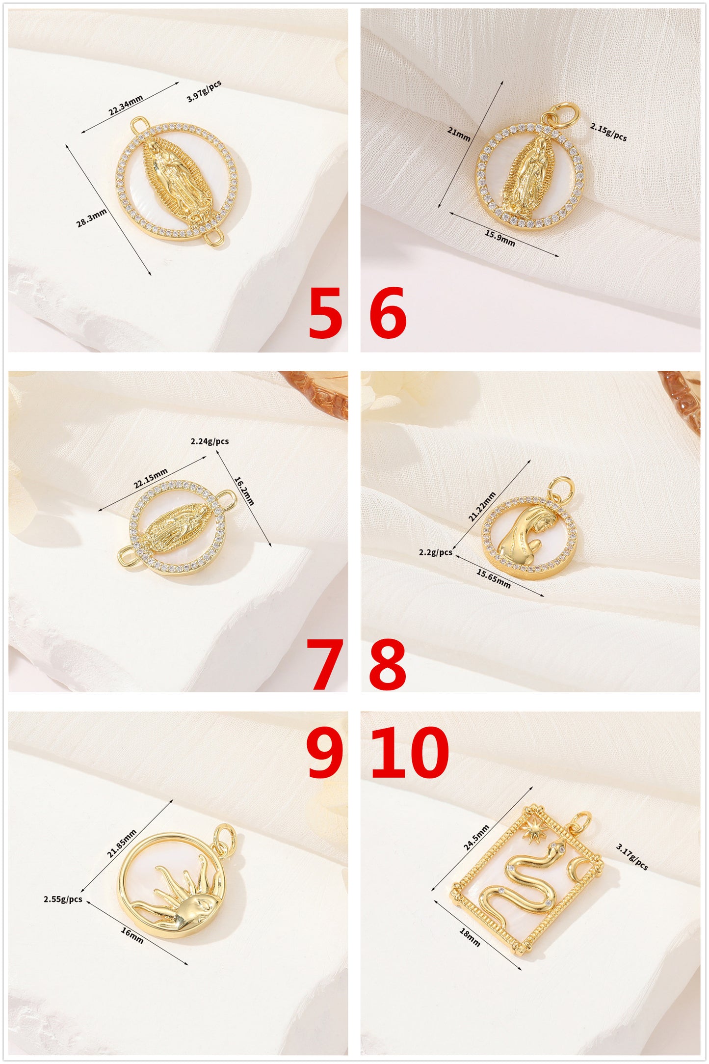 2 Jesus Cupid Mama Sun Snake Charm Pendant Rhinestone Embellished 14K GF