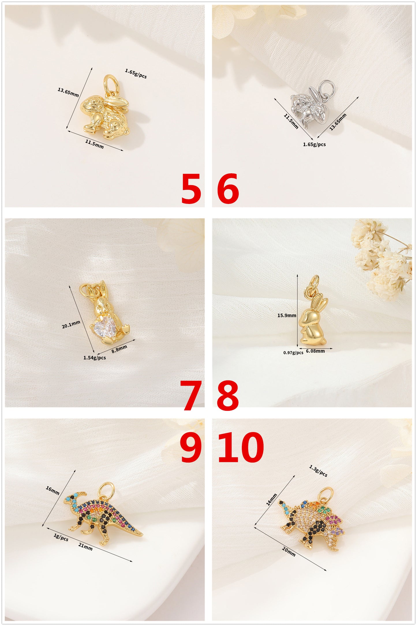 2 Chat Lapin Tortue Dinosaure Charme Pendentif Strass Embelli 14K GF