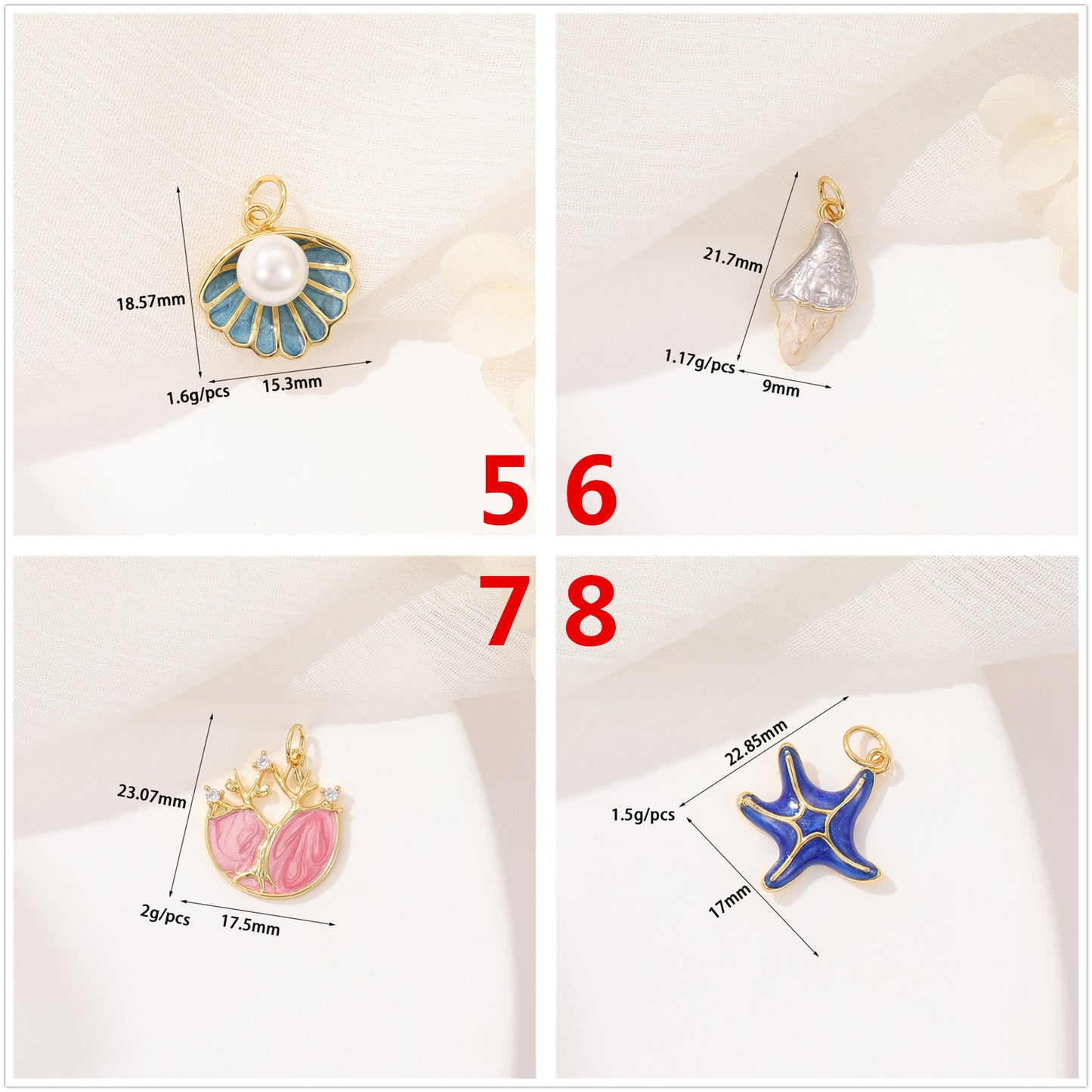 2 Whale Octopus Seahorse Shell Conch Starfish Coral Jellyfish Charm Pendant Rhinestone Embellished 14K GF