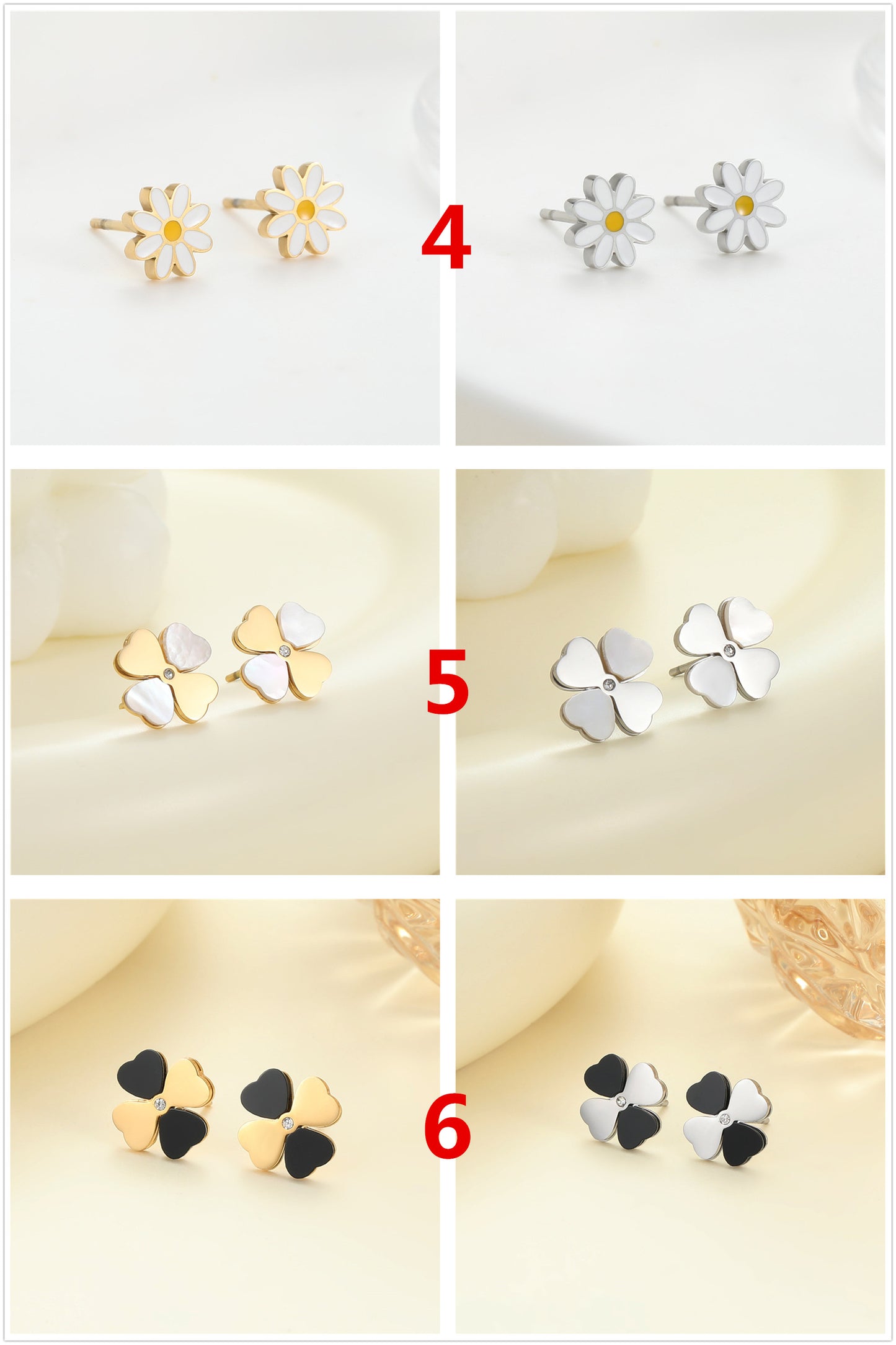 4 Émail Époxy Trèfle à quatre feuilles Orange Pastèque Floral Papillon Carré Coeur Cactus Boucles d’oreilles à tige 14K GF Strass Embelli Boucle d’oreille