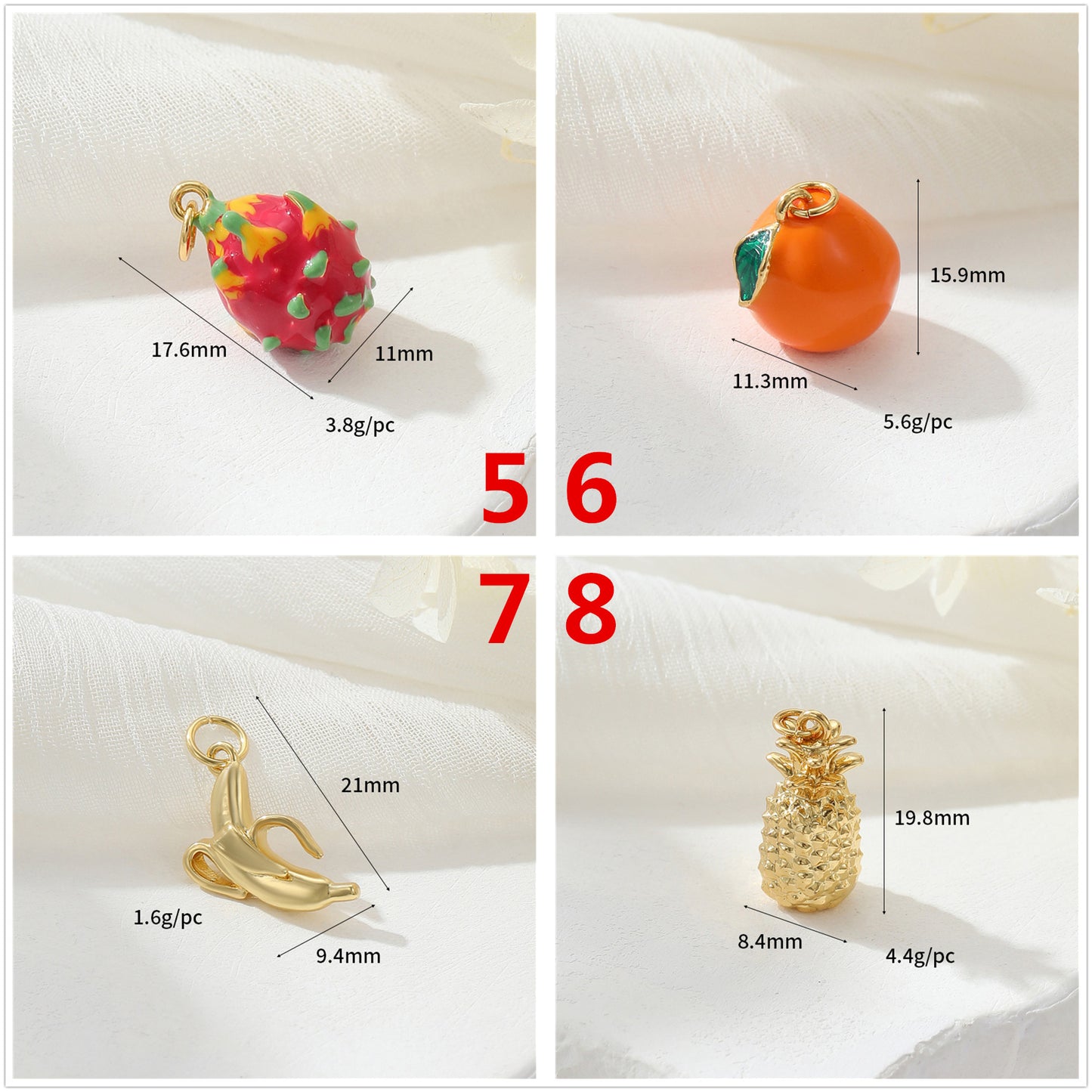 2 Grenade Durian Fraise Pomme Pitaya Orange Banane Ananas Citron Avocat Mangue Pastèque Fruit Charme Pendentif Émail Époxy 14K GF