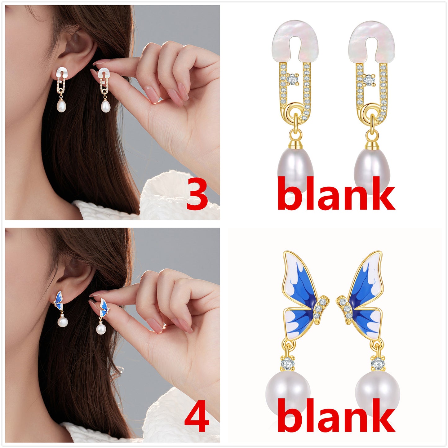 4 boucles d'oreilles papillon coeur broche fleur croix feuille boucles d'oreilles 14K GF coquille strass embelli boucle d'oreille moitié percée perle perle vierge