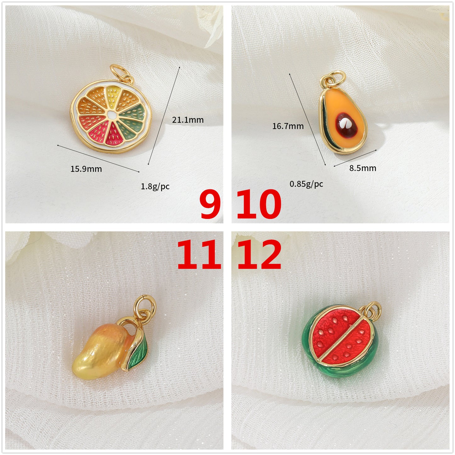 2 Grenade Durian Fraise Pomme Pitaya Orange Banane Ananas Citron Avocat Mangue Pastèque Fruit Charme Pendentif Émail Époxy 14K GF