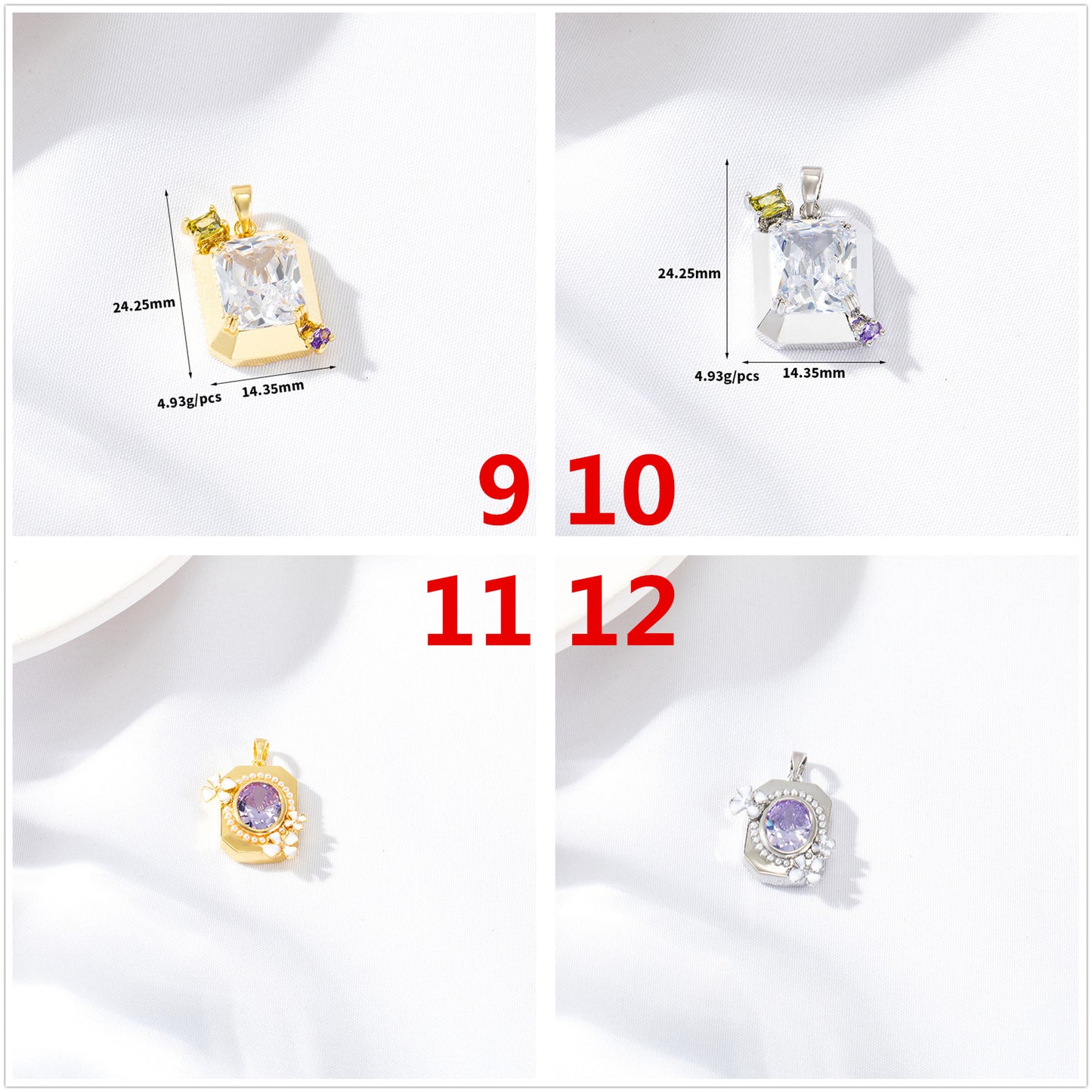 2 Oval Rectangle Charm Pendant Rhinestone Embellished 14K GF