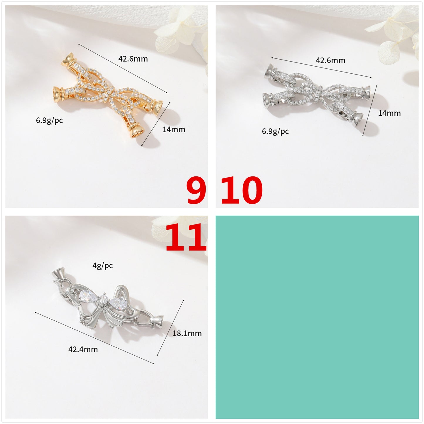 2 Schleife, Schmetterling, Blumen-Karabinerverschluss, Muschel-Strasssteinverzierung, 14-karätige GF-Federschnallenverschlüsse, Verbinder