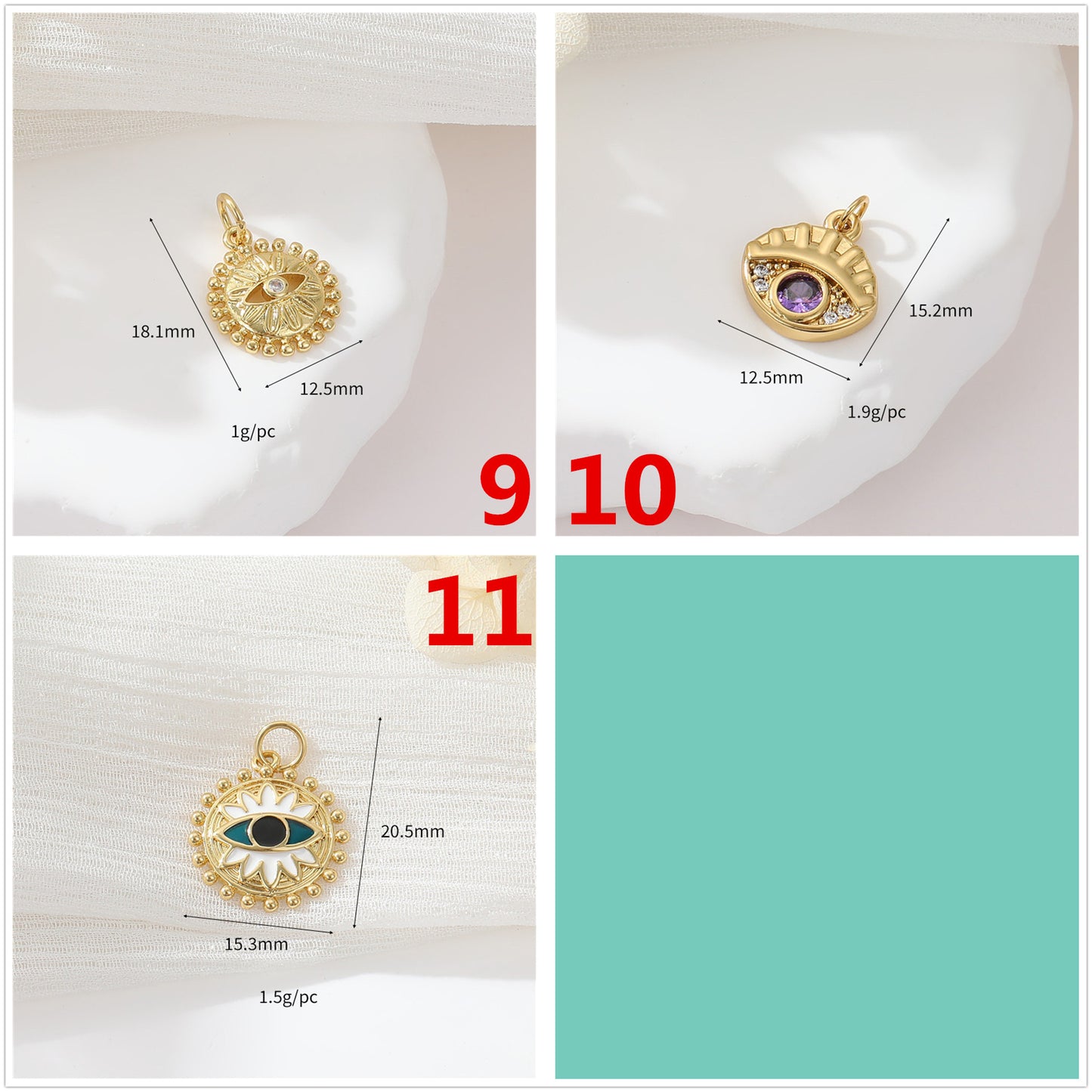 2 Evil Eye Moon Sun Charm Pendentif Émail Epoxy 14K GF Strass Embelli