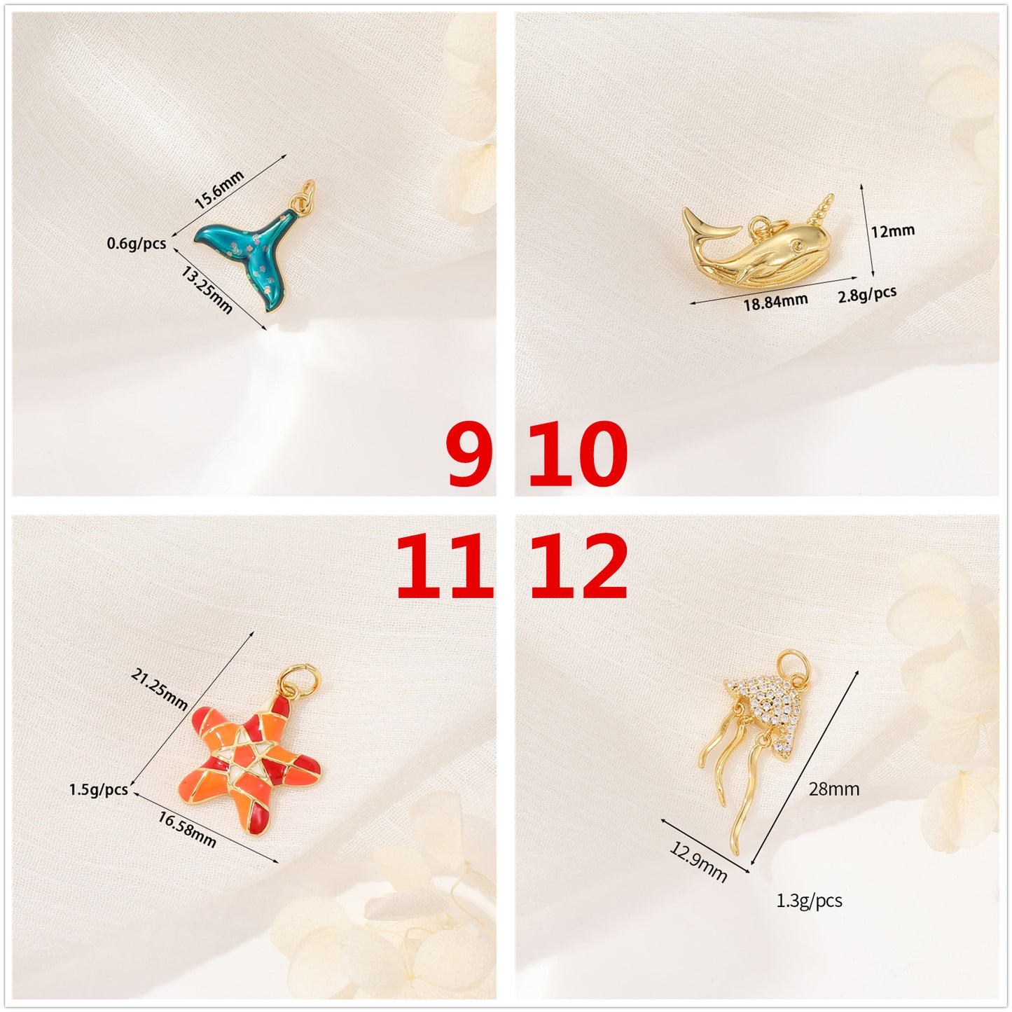 2 Whale Octopus Seahorse Shell Conch Starfish Coral Jellyfish Charm Pendant Rhinestone Embellished 14K GF