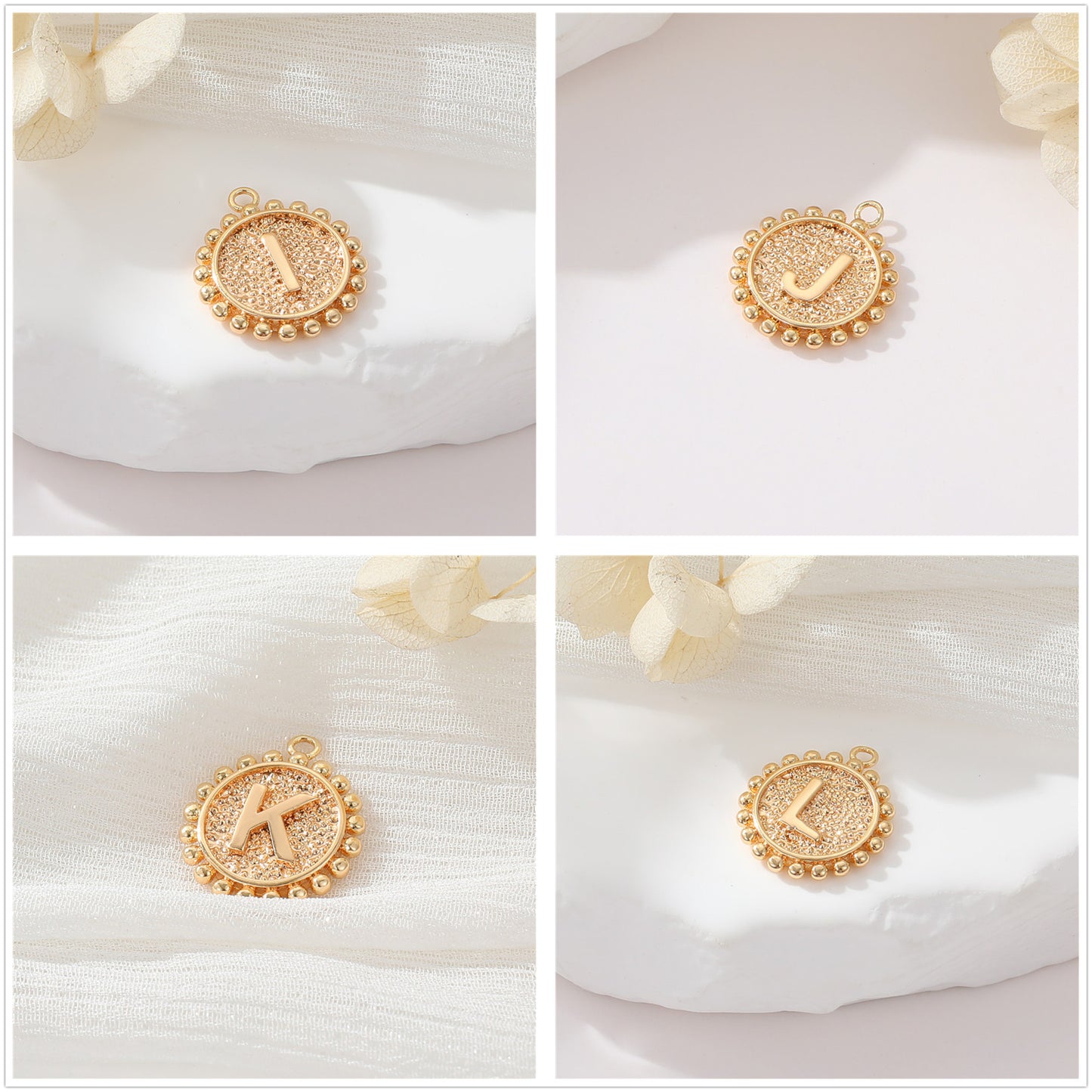 2 perles rondes à bord de pièce de monnaie initiale Alphabet AZ Charm Pendentif 14K GF