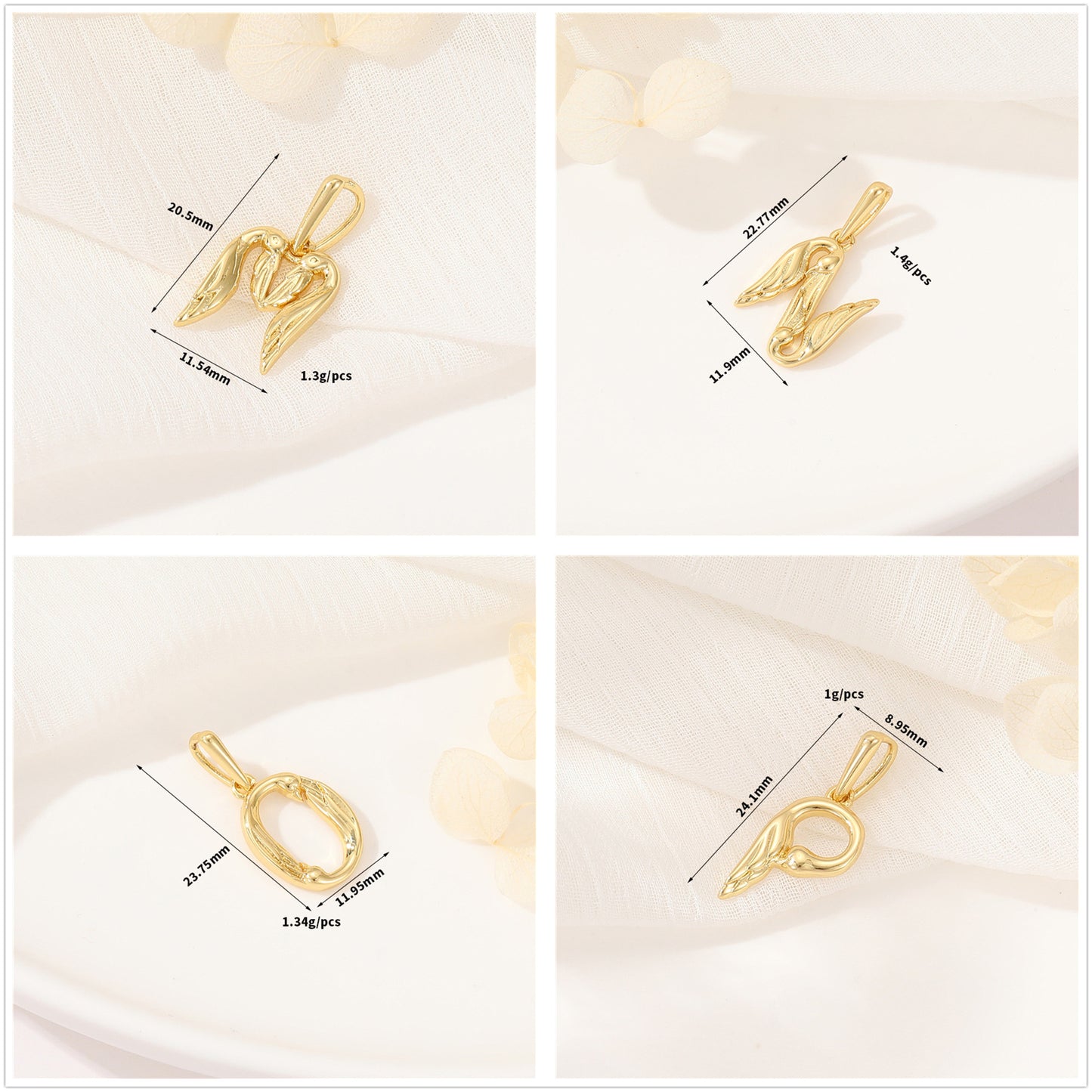 Pendentif à breloque AZ avec 2 ailes de cygne et initiales de l'alphabet 14K GF