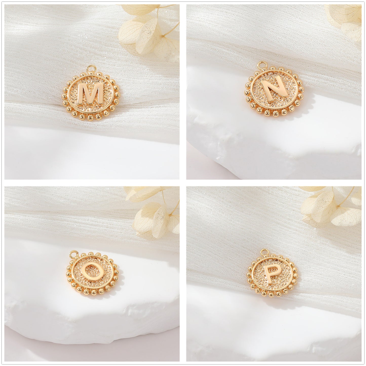 2 perles rondes à bord de pièce de monnaie initiale Alphabet AZ Charm Pendentif 14K GF